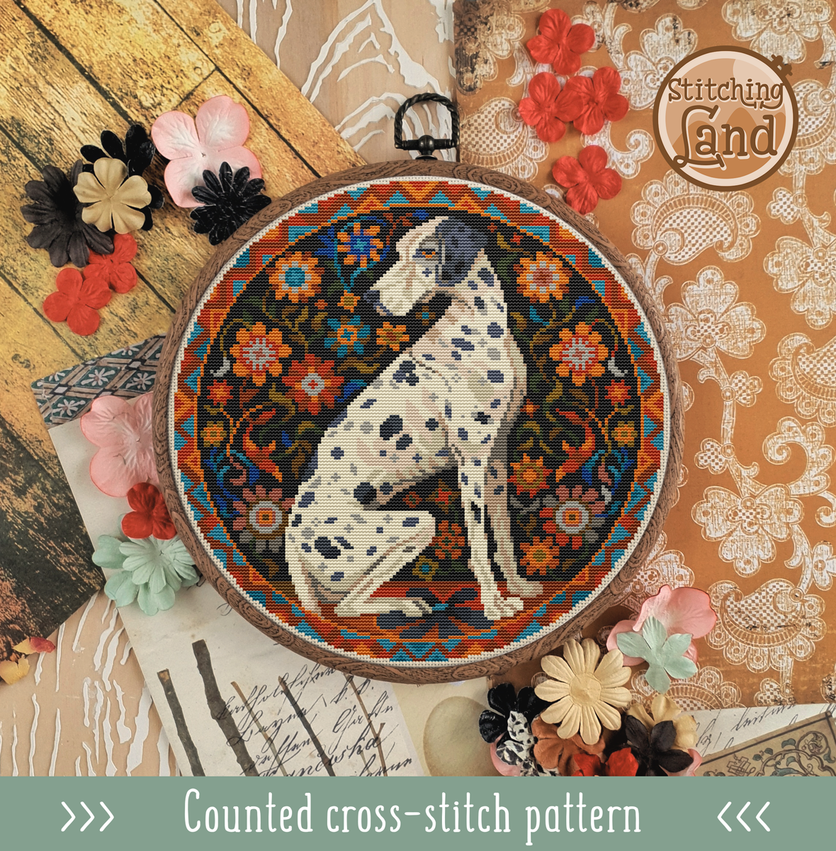 Art Nouveau Dalmatian Cross Stitch Pattern