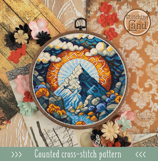 Art Nouveau Mountain Cross Stitch Pattern
