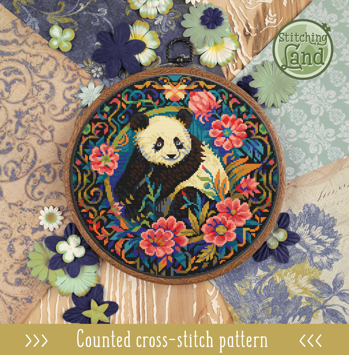 Art Nouveau Panda Cross Stitch Pattern