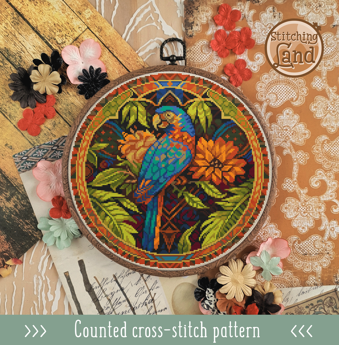 Art Nouveau Parrot Cross Stitch Pattern