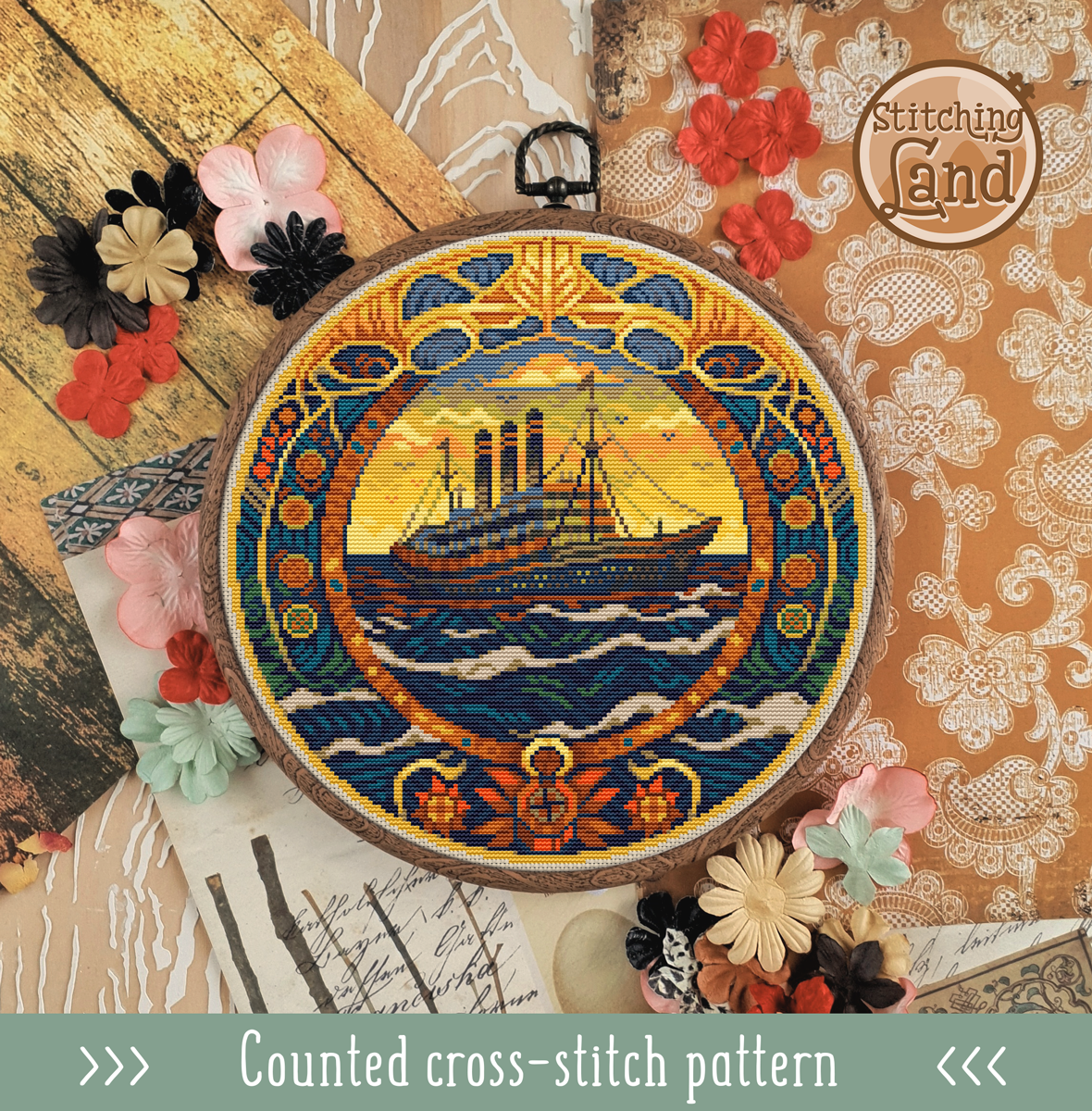 Art Nouveau Ship III Cross Stitch Pattern