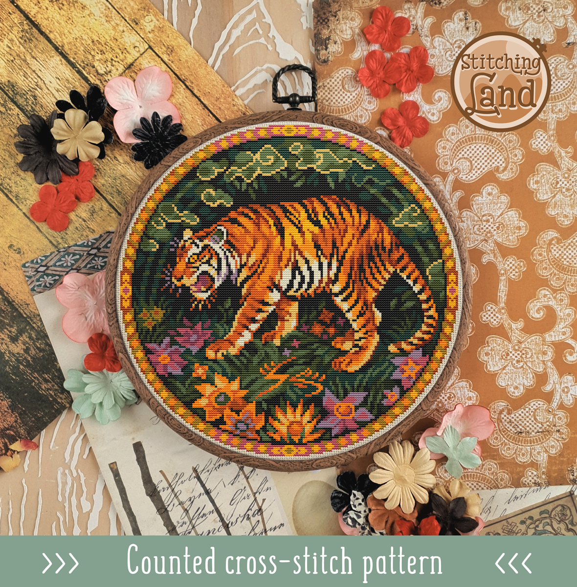 Art Nouveau Tiger Cross Stitch Pattern