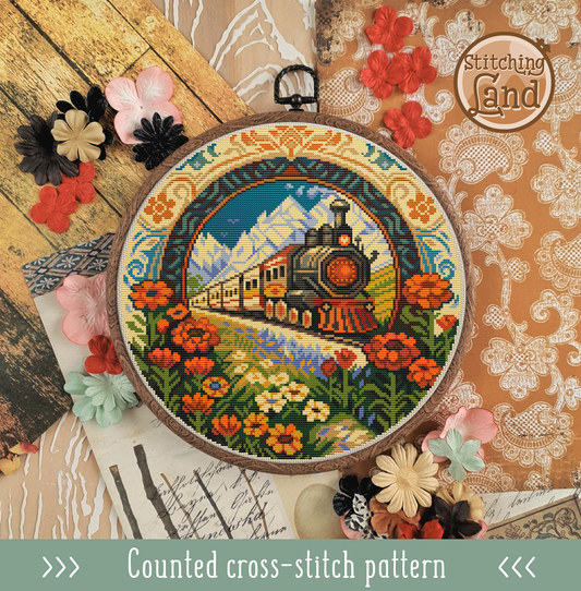 Art Nouveau Train Cross Stitch Pattern
