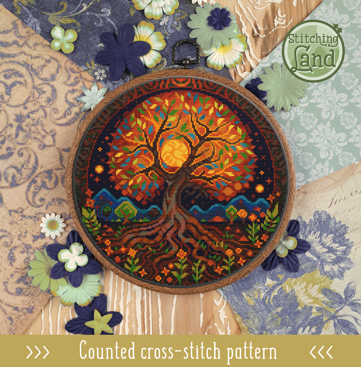 Golden Tree Cross Stitch Pattern