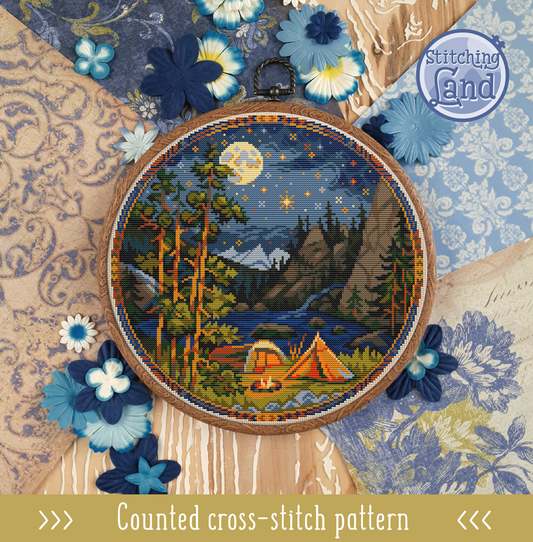 Moonlit Mountain Camp Cross Stitch Pattern