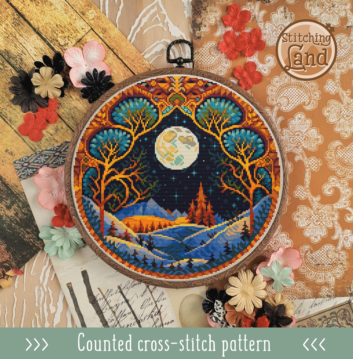 Moonlit Winter Night Cross Stitch Pattern