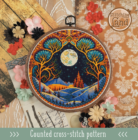 Moonlit Winter Night Cross Stitch Pattern