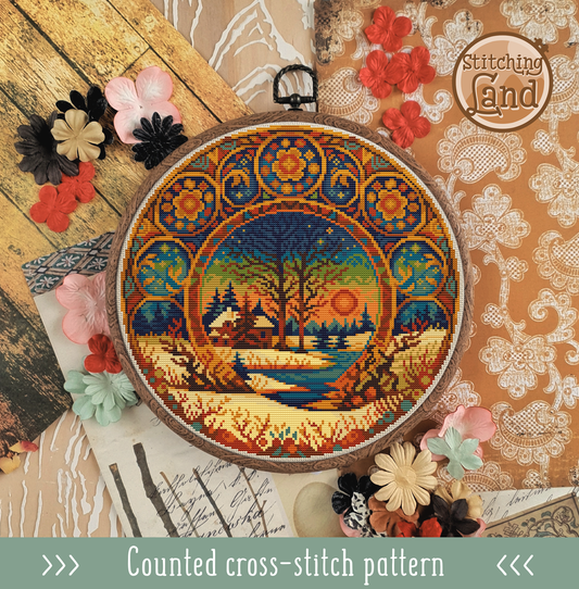 Picturesque Winter Sunset Cross Stitch Pattern