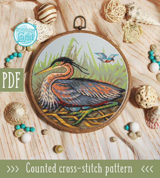 Purple Heron Cross Stitch Pattern