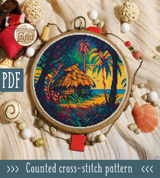 Tropical Hut Cross Stitch Pattern