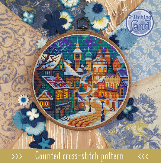 Winter Town Night II Cross Stitch Pattern