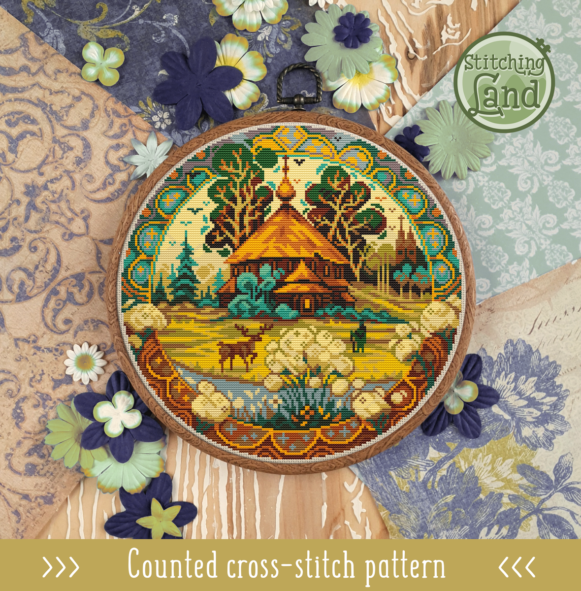 Wooden Church Cross Stitch Pattern