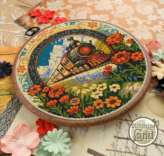 Art Nouveau Train Cross Stitch Pattern