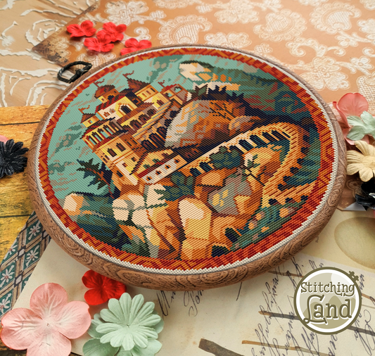 Cliffside Town Cross Stitch Pattern