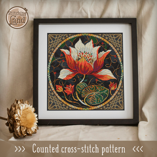 Art Nouveau Red Lotus Cross Stitch Pattern Square