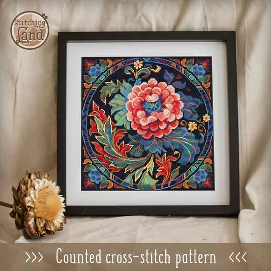 Art Nouveau Scarlet Flower Cross Stitch Pattern Square