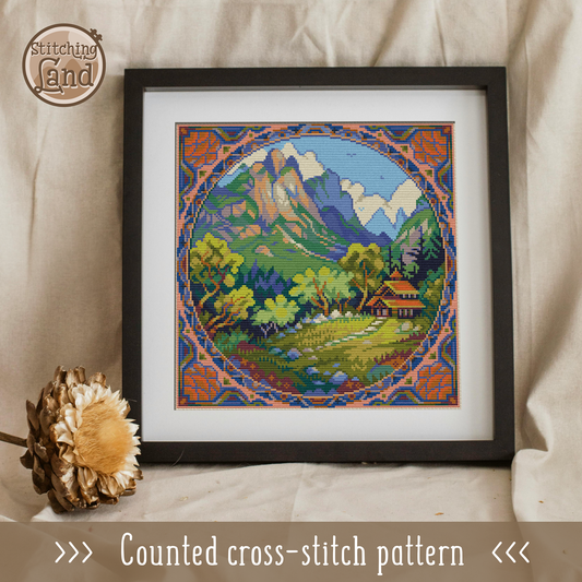 Mountain Lodge Cross Stitch Pattern Square