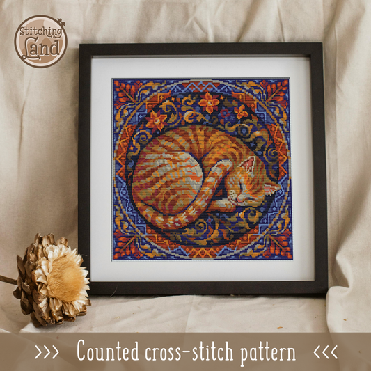 Sleeping Cat Cross Stitch Pattern Square