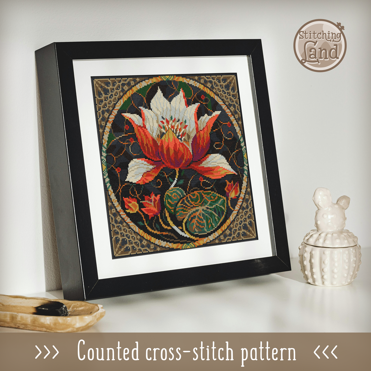Art Nouveau Red Lotus Cross Stitch Pattern Square