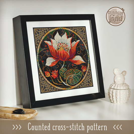 Art Nouveau Red Lotus Cross Stitch Pattern Square