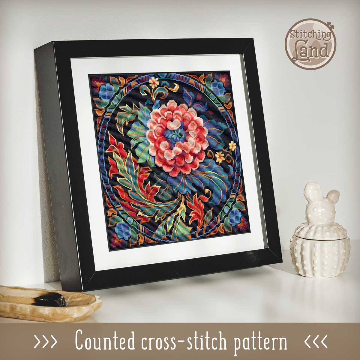 Art Nouveau Scarlet Flower Cross Stitch Pattern Square