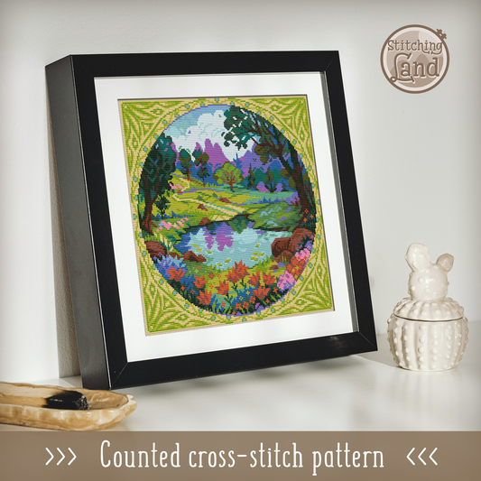Picturesque Pond Cross Stitch Pattern Square