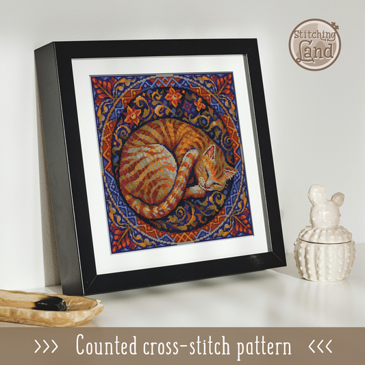 Sleeping Cat Cross Stitch Pattern Square