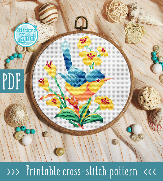 Bird Flowers Cross Stitch Pattern