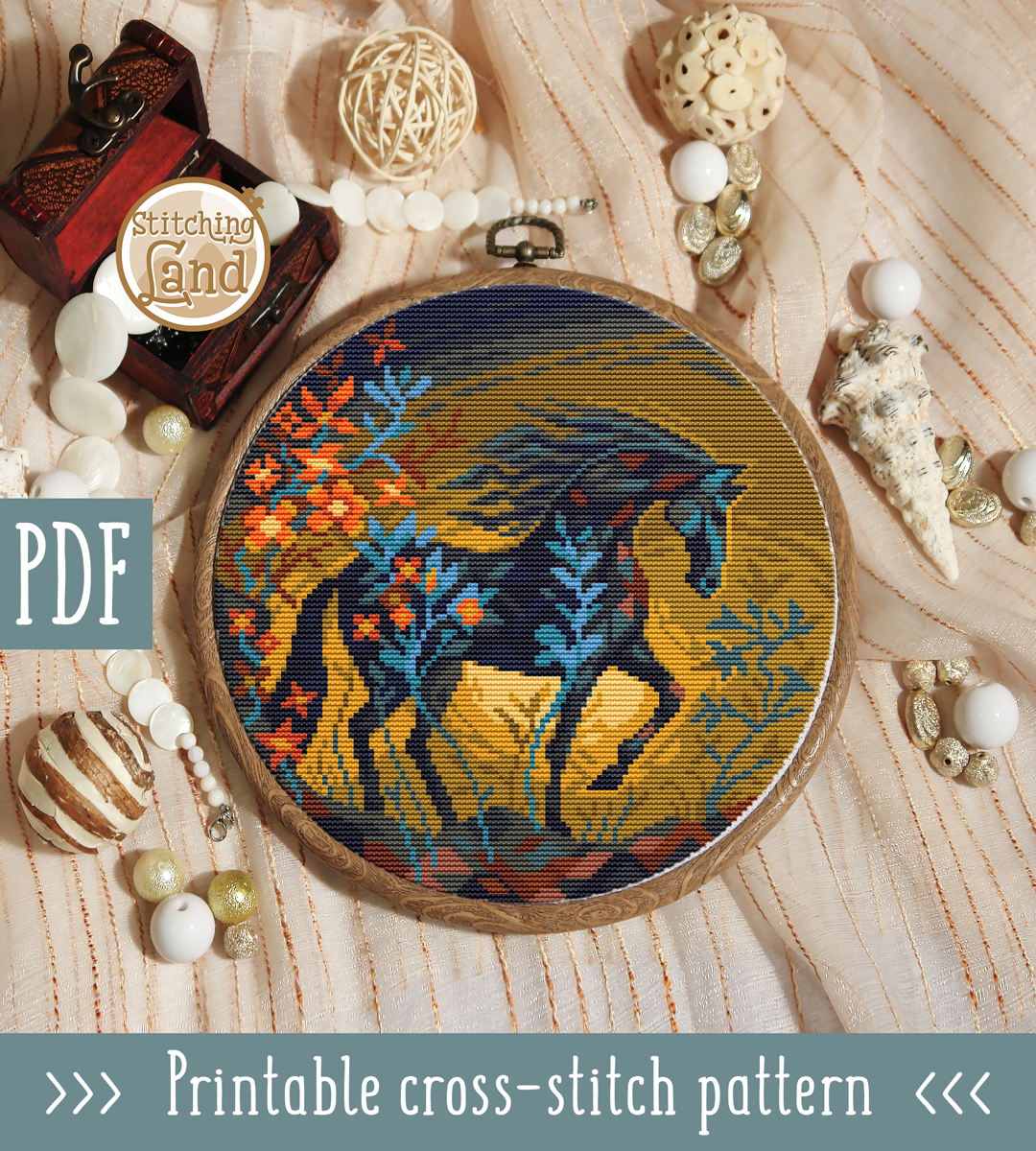 Black Flower Horse Cross Stitch Pattern