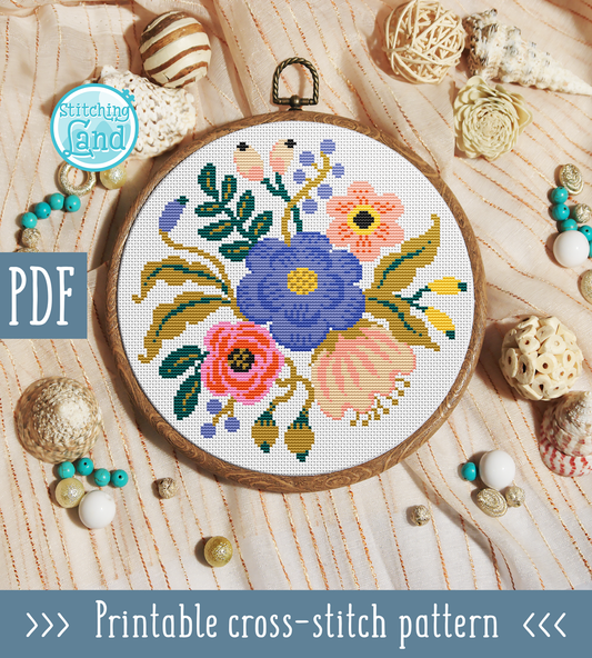 Blue Pink Flowers Cross Stitch Pattern
