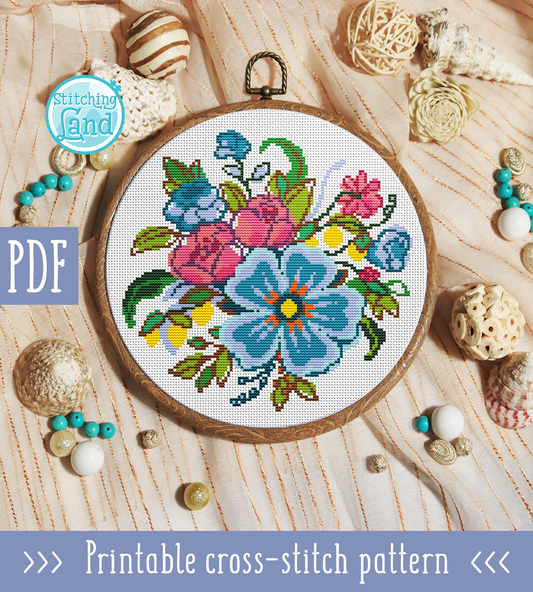 Blue Red Flowers Cross Stitch Pattern