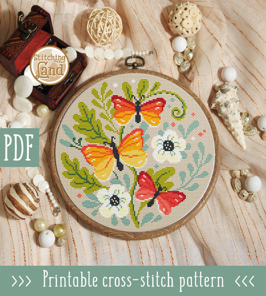 Butterfly Flowers Cross Stitch Pattern