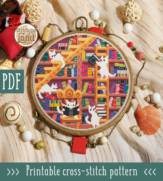Cat Library Cross Stitch Pattern