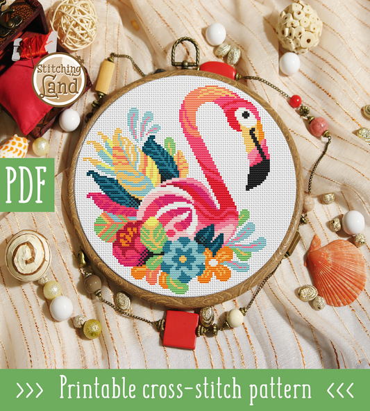 Flamingo Flowers Cross Stitch Pattern