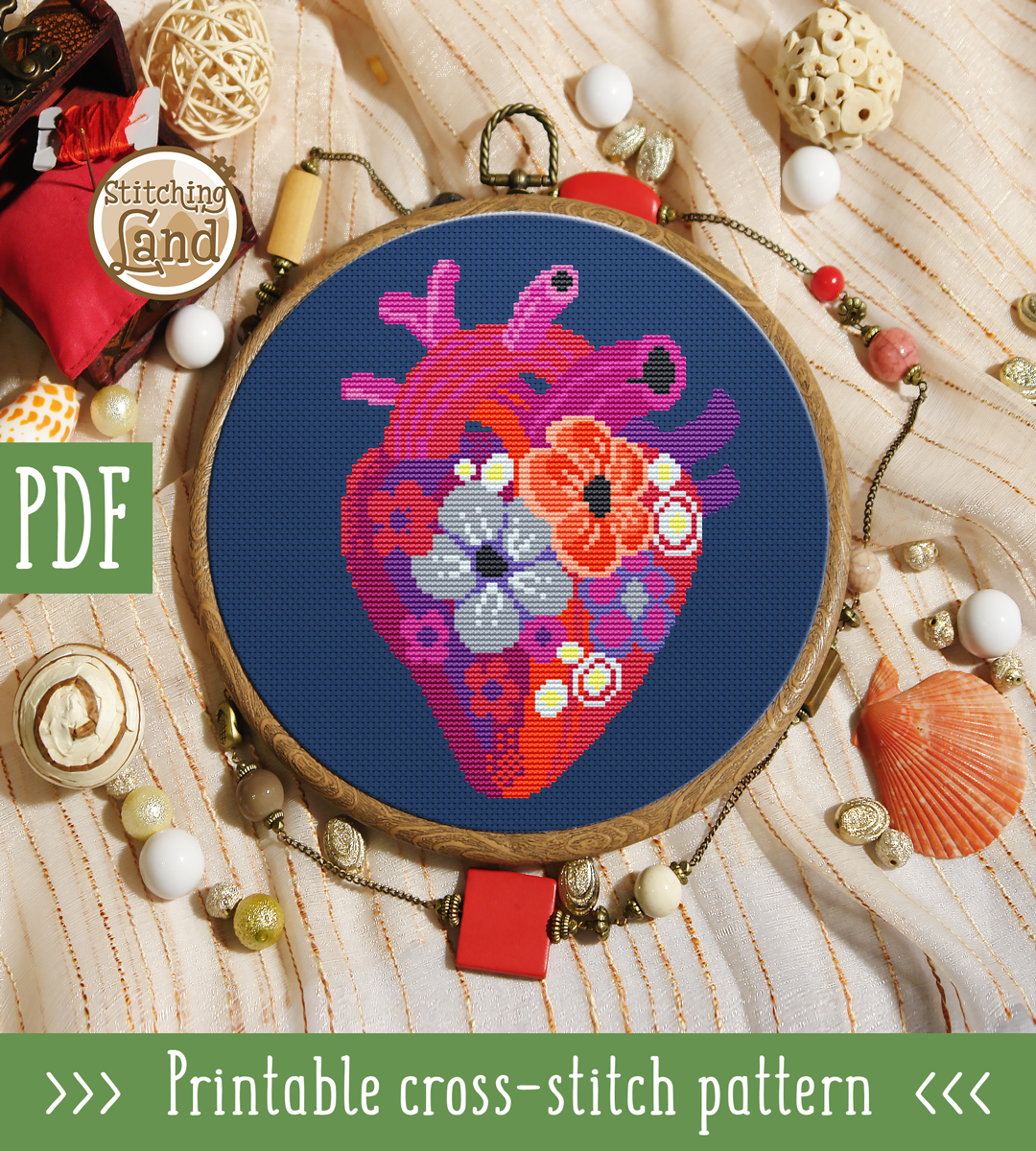 Flower Heart Cross Stitch Pattern