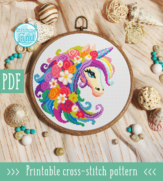 Flower Unicorn Cross Stitch Pattern