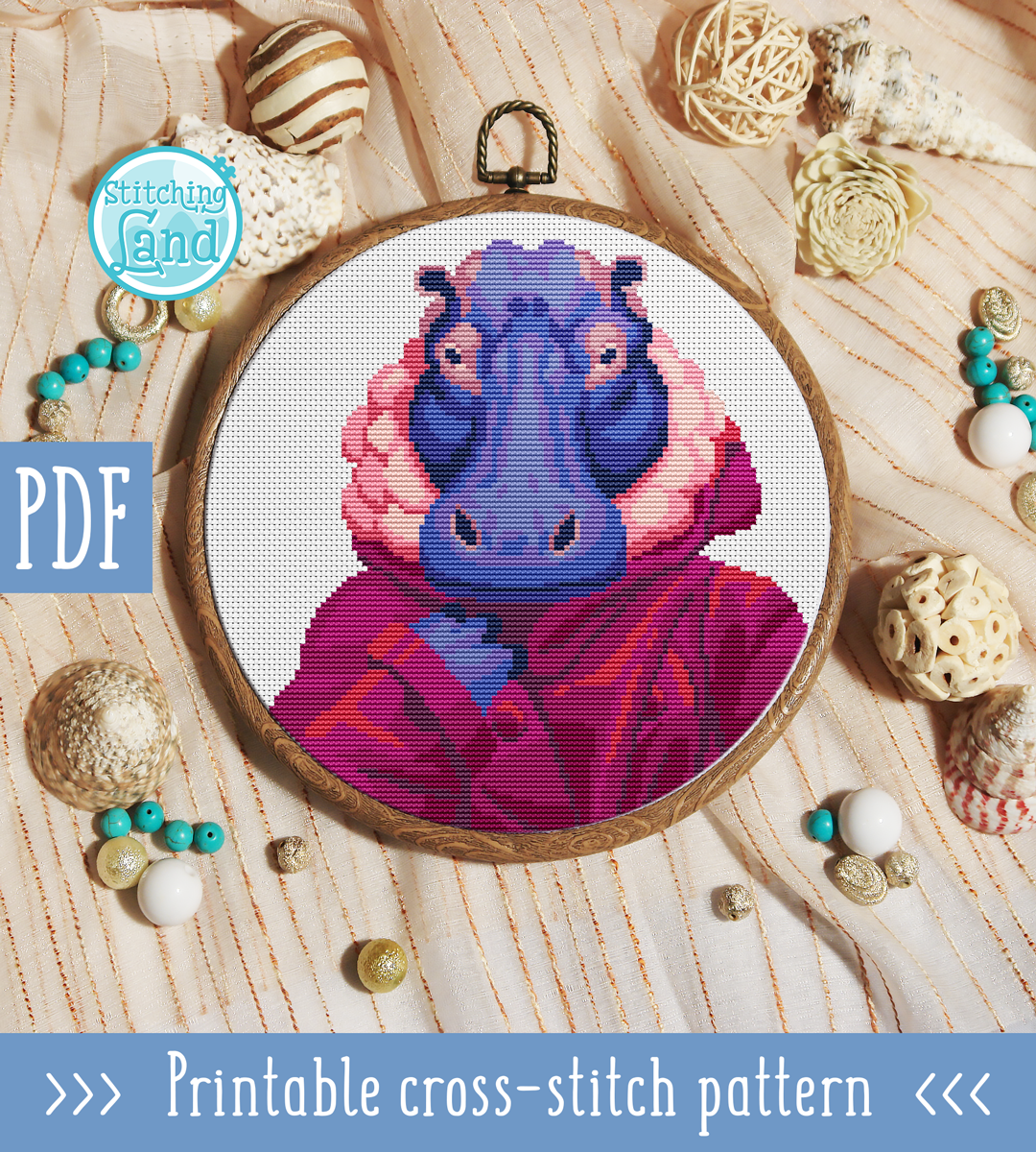 Mrs. Hippo Cross Stitch Pattern