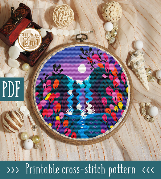 Night Waterfall Cross Stitch Pattern