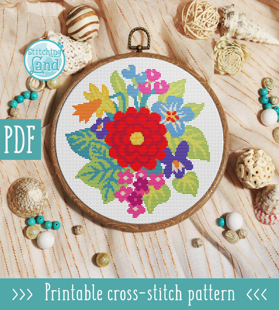 Red Blue Yellow Flowers Cross Stitch Pattern