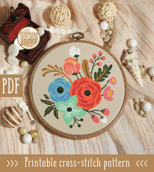 Red & Blue Flowers Cross Stitch Pattern