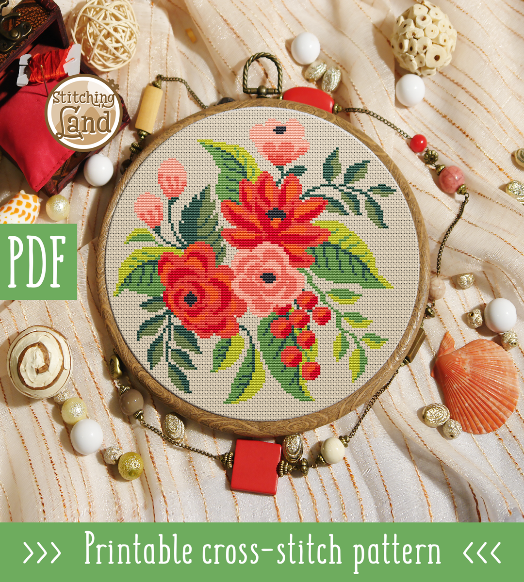 Red Flowers II Cross Stitch Pattern
