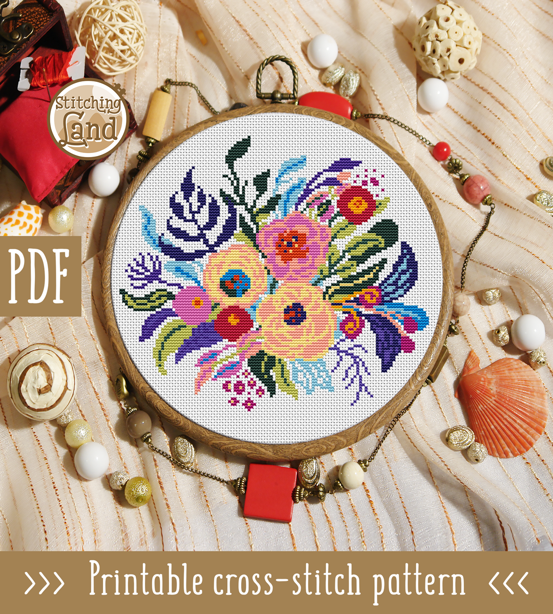 Red Pink Bouquet Cross Stitch Pattern