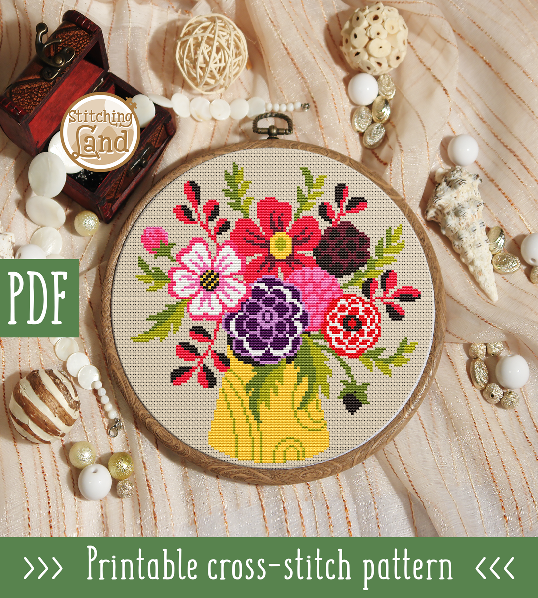 Red Violet Bouquet Cross Stitch Pattern
