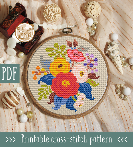 Red Yellow Flowers Cross Stitch Pattern