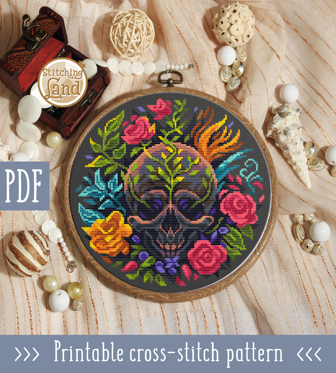 Scull & Flowers Cross Stitch Pattern