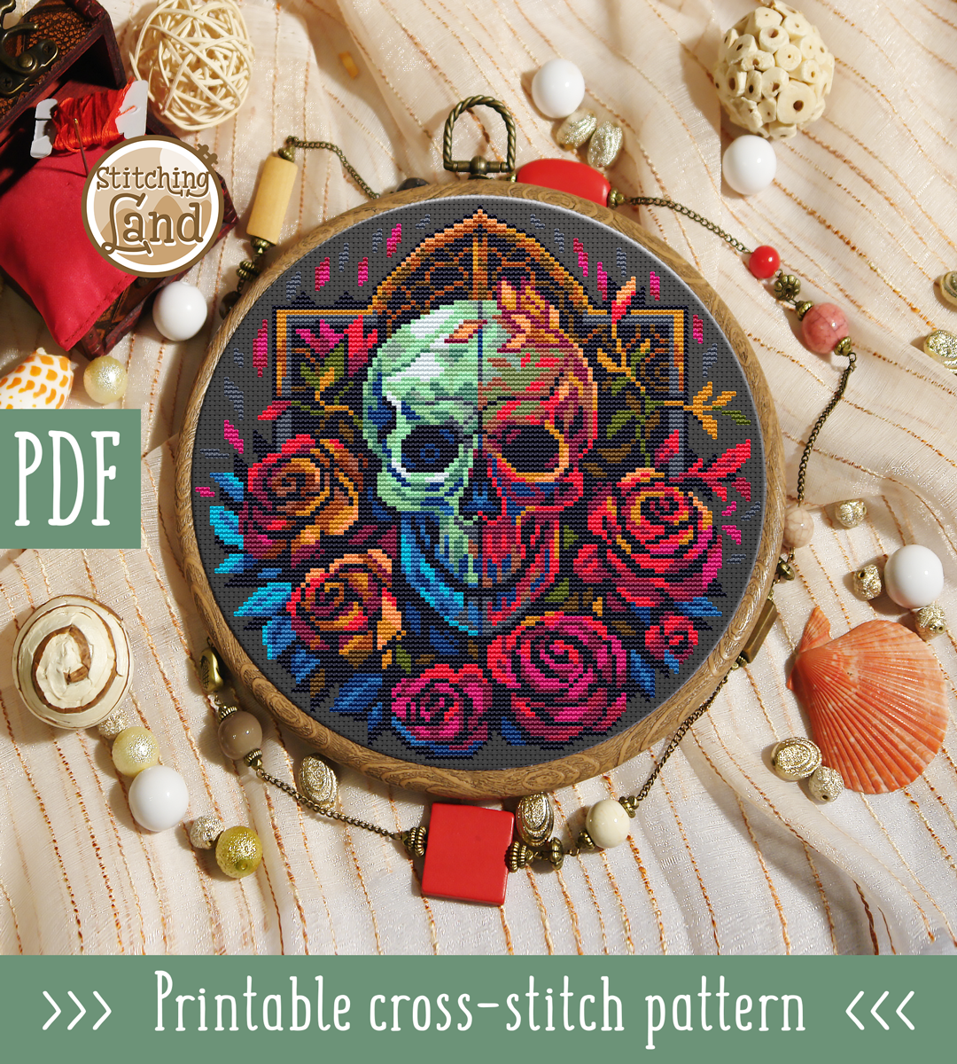 Scull & Roses Cross Stitch Pattern
