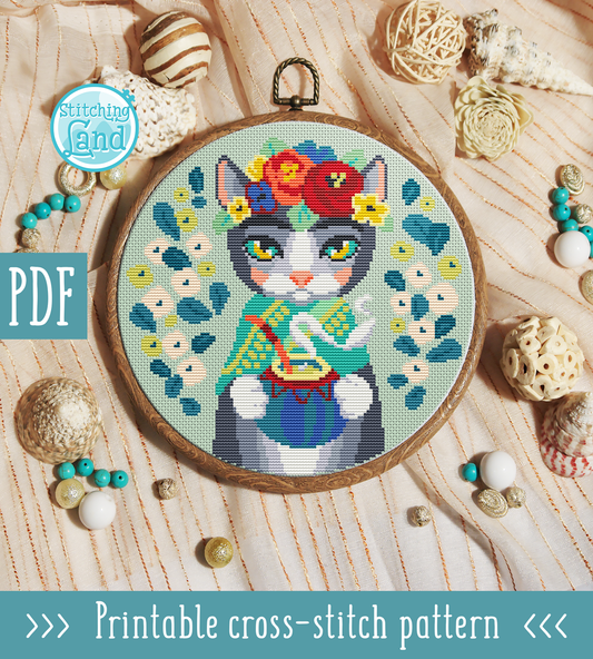 Spring Cat Cross Stitch Pattern