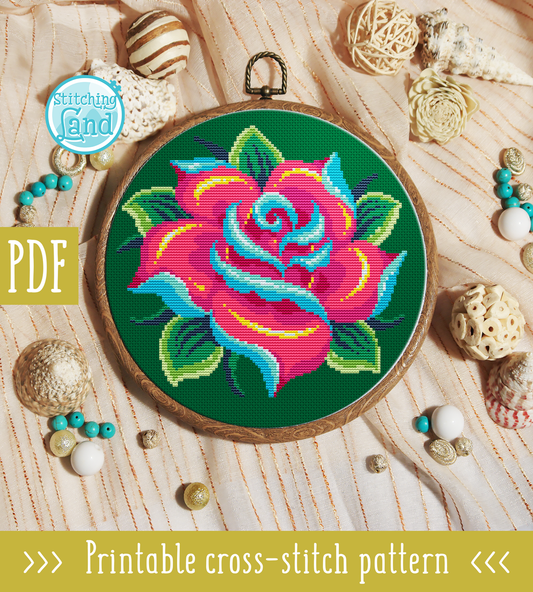 Magenta Rose Cross Stitch Pattern