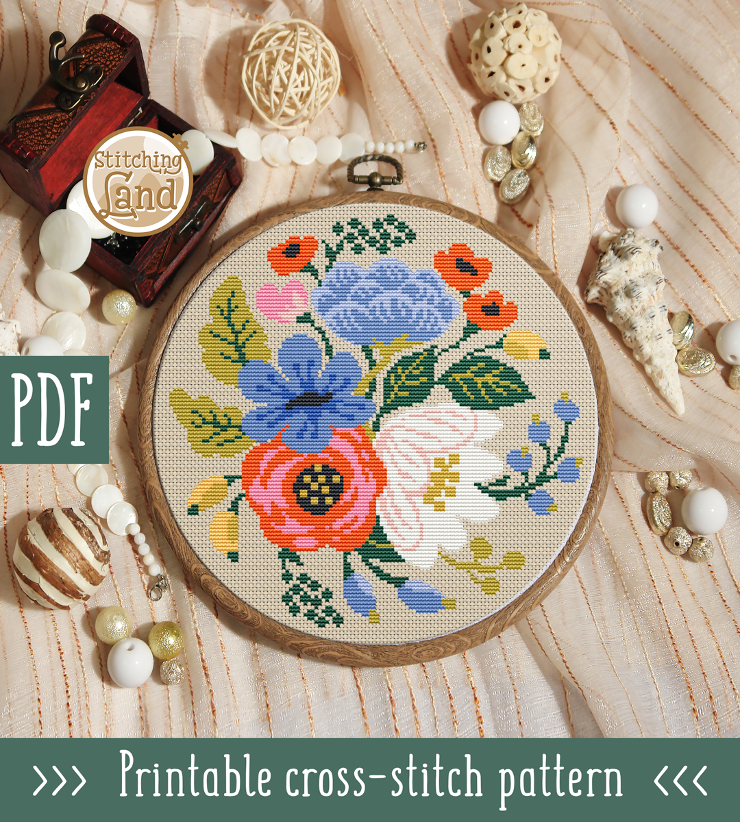 White Blue Flowers Cross Stitch Pattern