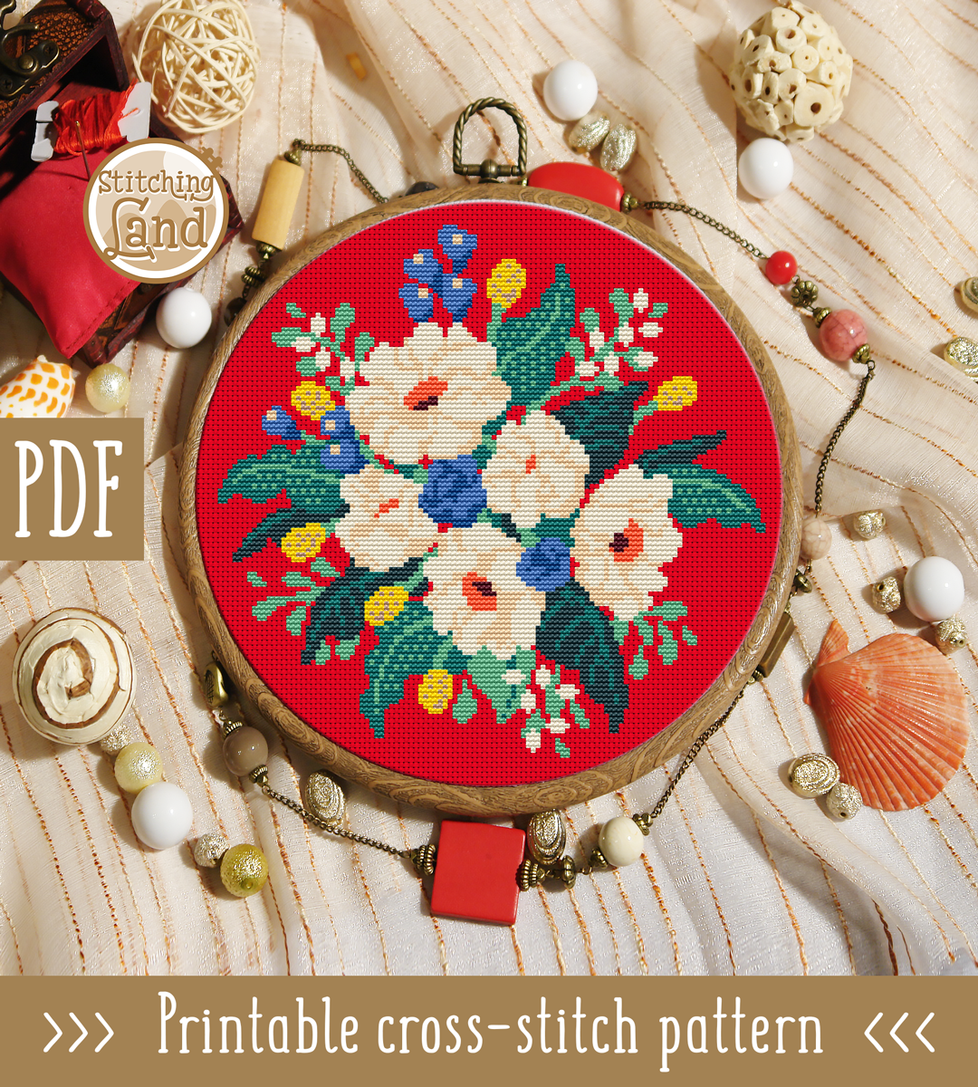 White Blue Flowers II Cross Stitch Pattern